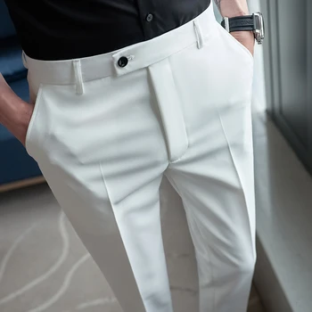 2023 הקיץ מוצק צבע חליפת מכנסיים לגברים רזה לבוש עסקי מזדמן מכנסיים באורך קרסול חברתית אופנת רחוב מכנסיים בגדי גברים