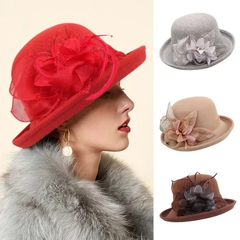 2023 נשים חמים צמר הרגיש פרחים כובע נשים רחב שוליים כובע סתיו חורף אצילי אלגנטי בנות אופנה מסיבת כובע קישוט