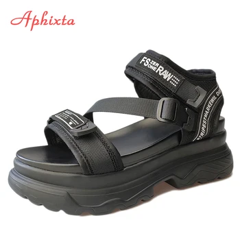 Aphixta גדול גודל 43 יוקרה מעצבים פלטפורמה נשים סנדלים שחורים עבים סנדל ספורט 7 סנטימטר טריז נעלי אישה נעלי קיץ