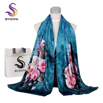 [BYSIFA] חורף אופנה צעיפים נשים מותג משי צעיף צעיף ורדים פרחוניים כפול פנים כפתורים דיו כחול ארוך צעיפים 175*50 ס 