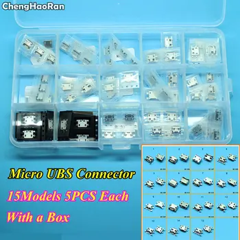 ChengHaoRan 15 דגמים 75pcs מיקרו USB 5P,5-pin USB מיקרו, ג ' ק,7Pins Micro USB מחבר זנב יציאת טעינה שקע תקע החשמל