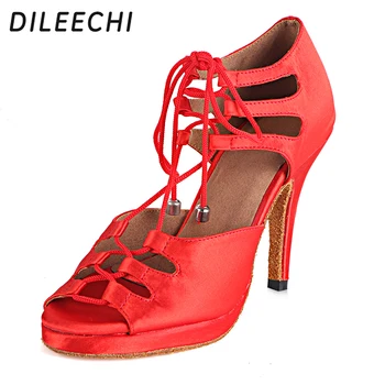 DILEECHI נשים הלטינית נעלי ריקוד סלסה מסיבת נעלי ריקוד סאטן עמיד למים פלטפורמה אדום שחור ברונזה העקב 10 ס 