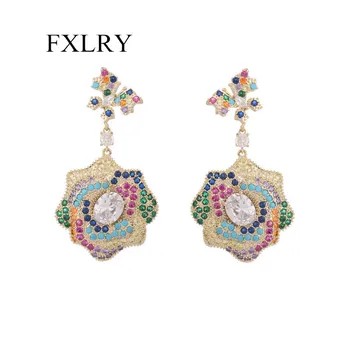 FXLRY יוקרה אופנה פרפר קמליה פרחים צבע משובץ זירקון מוגזם תעשייה כבדה עגילים לנשים החתונה Jewelr