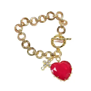 GG תכשיטים אדום קוורץ לב הקריסטל קסם 24K זהב צהוב מצופה קישור שרשרת, צמיד, תליון צלב צמיד עבודת יד, מתנות לנשים