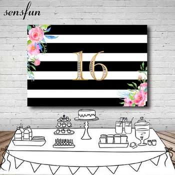 Sensfun שחור-לבן עם פסים צילום רקע פרחים ורודים נצנצים Sweet 16 מסיבת יום הולדת רקע ויניל פוליאסטר