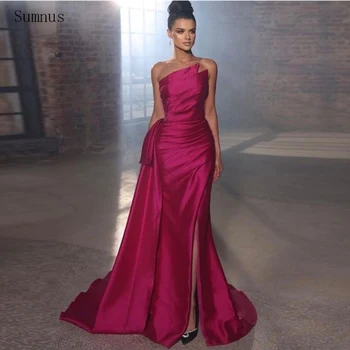 Sumnus פוקסיה סקסי שמלות לנשף בתולת ים סאטן קפלים גבוהה שסף סטרפלס שמלות ערב Vestidos דה נוצ ' ה 2023 שמלת מסיבת