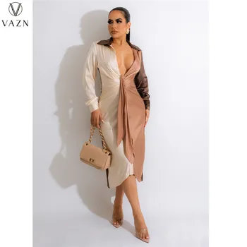VAZN 2022 Fashin חם מכירה תפירת שרוול ארוך בצבע השמלה רחוב בסגנון הנשים שמלה ארוכה דש באמצע שמלות ארוכות