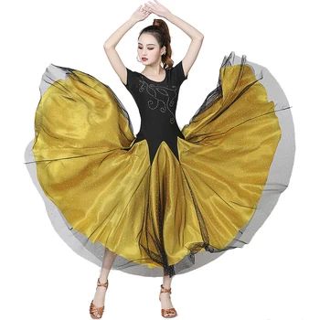 אופנה ואלס טנגו בינלאומי לרקוד שמלות גזה פאייטים גדול תנועות ריקוד חצאית נשים אימונים מודרני שמלת ריקוד