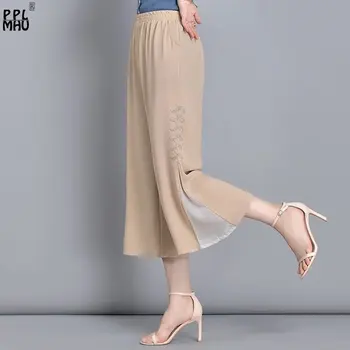 אמא אלסטי המותניים רזה בקיץ מכנסיים 81-86cm הקרסול שחורים רחבים מכנסי נשים אופנה פיצול עיצוב שיפון רחב הרגל המכנסיים