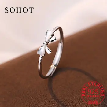 אמיתי 925 כסף סטרלינג פגז Bowknot טבעת מתכווננת אופנה נשים קלאסי תכשיטים יפים מינימליסטי Faux