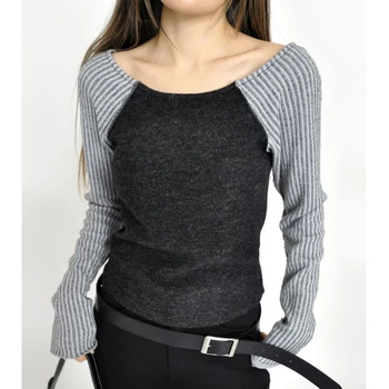 בציר ניגודיות צבע טלאים חוט ארוך שרוולים T-shirt נשים 2023 אביב קוריאנית נמוך O-צוואר פסים מקרית סרוגים מקסימום