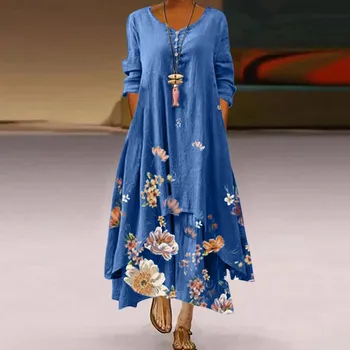 בציר שמלות נשים מקרית הדפס פרחוני שמלת O-צוואר שרוול ארוך סדיר חופשי שמלה ארוכה שמלת קיץ Vestido De Mujer 2021