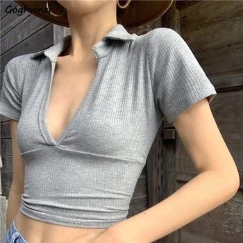 חולצות נשים ב-4 צבעים מוצק קיץ חם מכירה V-צוואר רזה רזה סקסית נשית אופנה נשים חדשות לכל היותר אלגנטי פנאי Harajuku ההגירה