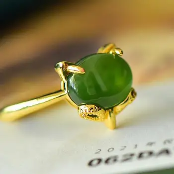 טבעי ירוק ג ' ייד טבעת נחושת צהוב משובץ אמיתי Hetian Jades נפריט פוקס טבעות נשים מתכוונן Anillos Mujer