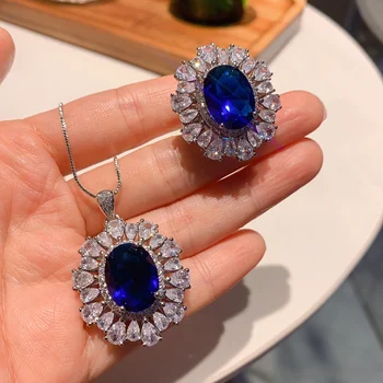 מותג מקורי יוקרה אמיתית תכשיטים בסגנון החדש טנזני כחול סט תכשיטי אבן מרכזי תליון טבעת 12 * 16 באיכות גבוהה
