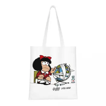 מיחזור קינו קומיקס Mafalda שקית קניות, נשים הכתף בד תיק רחיץ קריקטורה מנגה מצרכים קונה שקיות