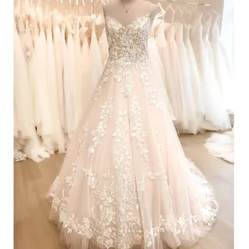 מתוקה Shinning טול שמלת נשף שמלות חתונה עבור נשים ייחודי אפליקציות קפלת רכבת יוקרה שמלות כלה