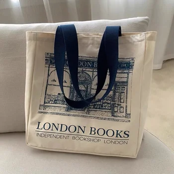 נשים בד תיק כתף לונדון ספרים להדפיס נשים מזדמנים תיק תיק לשימוש חוזר קיבולת גדולה כותנה קניות תיק החוף