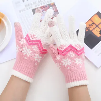נשים יכולות לאפשר מסך כפפות חמים מתיחה לסרוג כפפות כפפות חורף חם סריגה פתיתי שלג חג המולד הדפסה Golve
