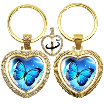 עף פרפר צבעונית דו צדדית מחזיק מפתחות 360 תואר הסיבוב לב תליון בצורת עבור חבר מתנות תכשיטים