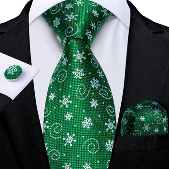 פתיתי שלג חג המולד ירוק מוצק, עניבות לגברים משי אקארד עניבת סט חפתים מטפחת Famliy מסיבת גברים אביזרים מתנה