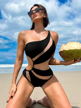 שחור רשת בגדי נשים חתיכה אחת כתף אחת בגדי אישה 2023 סקסית גבוהה לחתוך Monokini לדחוף את בגדי הים Beachwear
