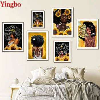 תקציר חמניות אפרו את הבחורה היפיפייה השחורה אמנות אפריקאית יהלום ציור היהלום פסיפס 5D DIY יהלום רקמה לחצות סטיץ